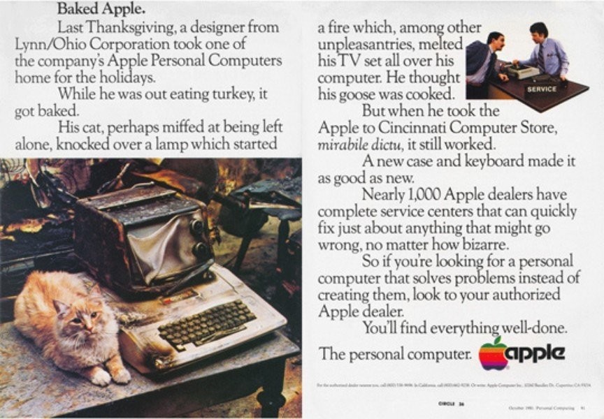 蘋果電腦燒焦了還能使用。AppleII電腦廣告，1981年發布。