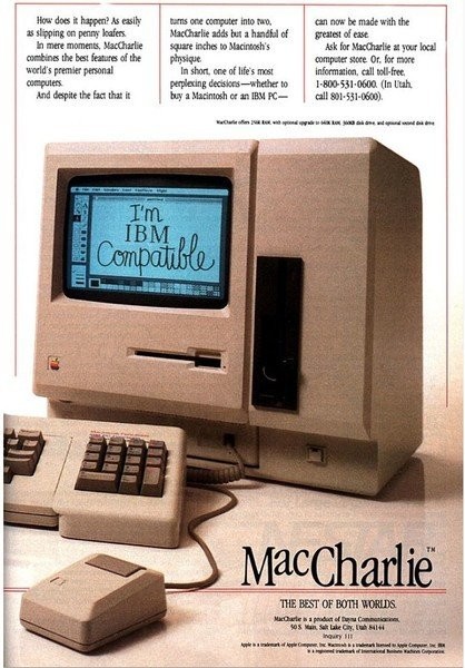 介紹蘋果電腦的MacCharlie硬件設備。蘋果電腦廣告，1986年發布。