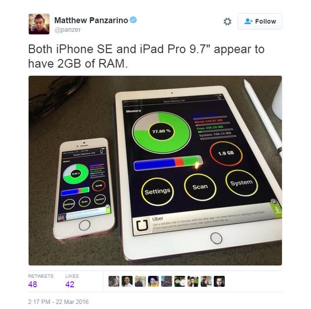 蘋果iPhone SE和9.7寸iPad Pro均搭載2GB內存