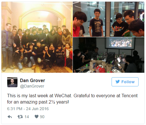 上月格羅夫表示,他將離開微信