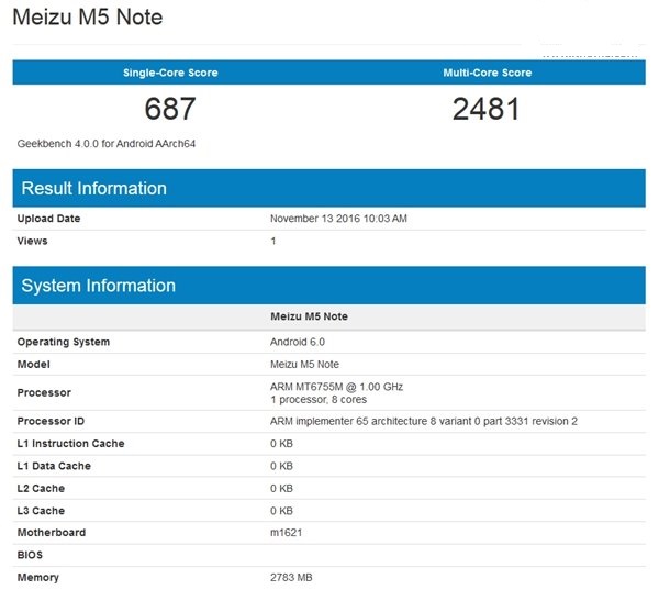 魅藍(lán)Note5現(xiàn)身Geekbench:聯(lián)發(fā)科P10<a href=/tags/86-0.html target=_blank class=infotextkey>處理器</a>+3GB運(yùn)存