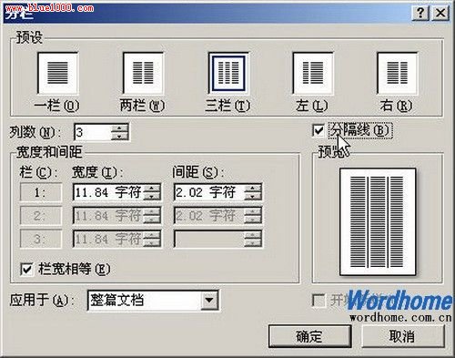 Word 2007分欄對(duì)話框中自定義分欄