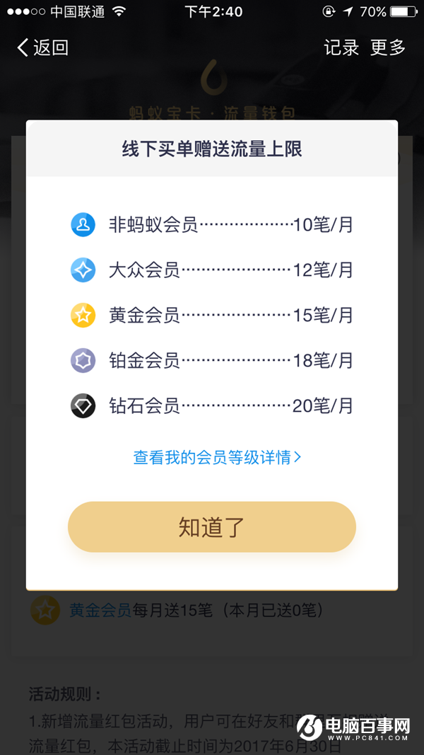 螞蟻寶卡線下送流量新變:鉆石會員每月400M