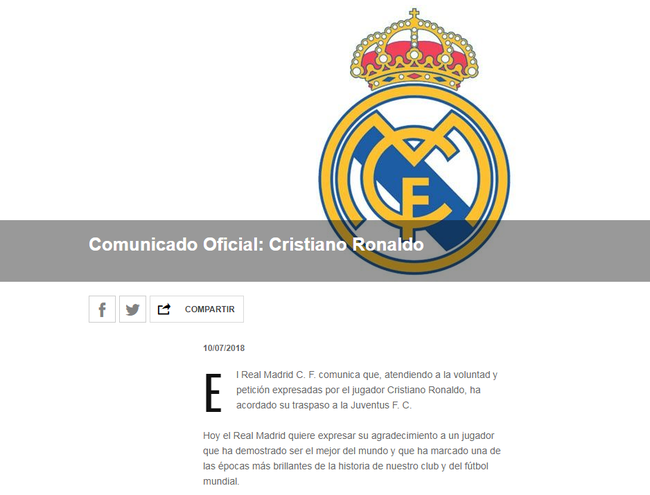 皇馬官方宣布C羅轉會尤文 C羅告別信原文閱讀