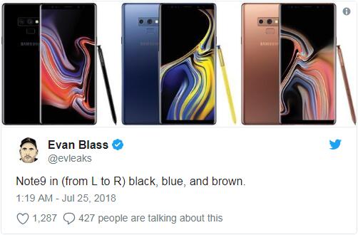 三星Galaxy Note 9三色曝光：機身與手寫筆繼續混搭