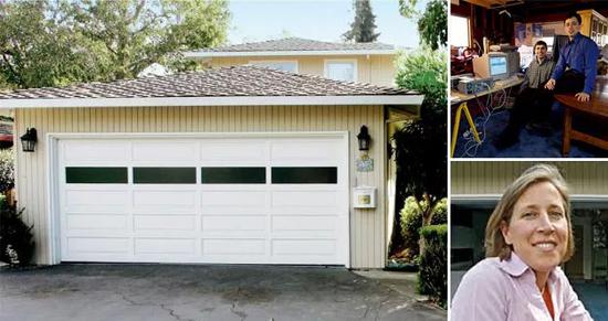 (左邊是谷歌當(dāng)年成立時的車庫辦公室,右上角是當(dāng)時的兩名創(chuàng)始人,右下角是沃西基)