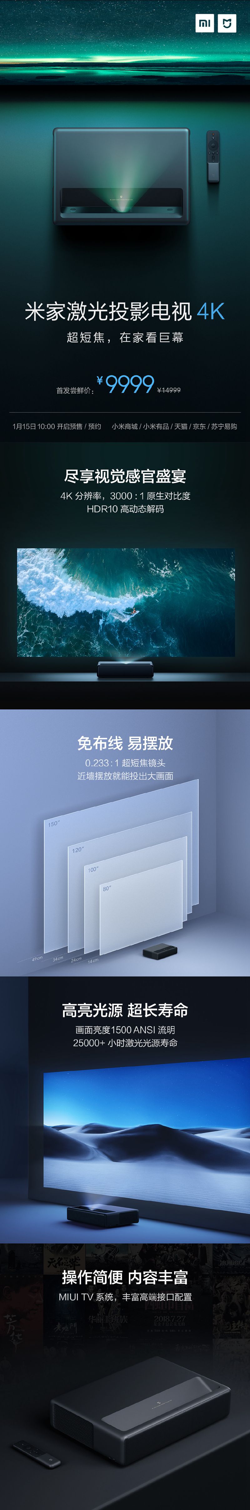 米家激光投影電視4K版正式發布：9999元